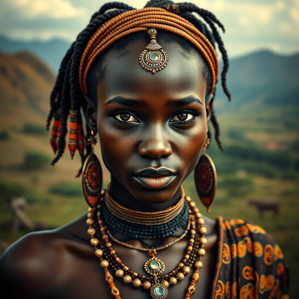 A very sexy and attractive South Sudanese tribal woman with big boobs, captured in a realistic portrait