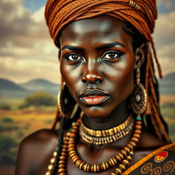 A very sexy and attractive South Sudanese tribal woman with big boobs, captured in a realistic portrait