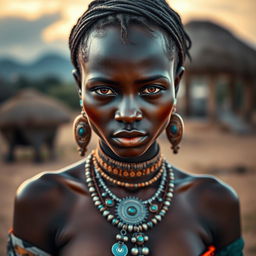 A very sexy and attractive South Sudanese tribal woman with big boobs, captured in a realistic portrait