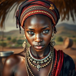 A very sexy and attractive South Sudanese tribal woman with big boobs, captured in a realistic portrait