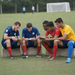 A group of footballers sitting together, engrossed in studying a book titled 'Respect'. The setting exudes an academic ambiance mixed with sporty energy.