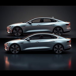 Create a hyper-realistic concept image of a luxury electric vehicle (EV) 4-door sedan, showcasing the car from all angles in ultra-detailed 8K resolution