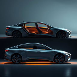 Create a hyper-realistic concept image of a luxury electric vehicle (EV) 4-door sedan, showcasing the car from all angles in ultra-detailed 8K resolution