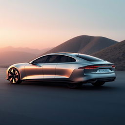 Create a hyper-realistic concept image of a luxury electric vehicle (EV) 4-door sedan, showcasing the car from all angles in ultra-detailed 8K resolution