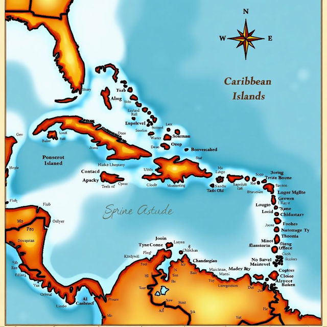 Create a detailed map of the Caribbean Islands with island names, major cities, geographical features, a legend, compass rose, and scale bar