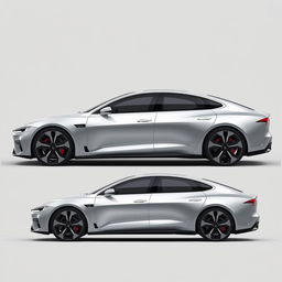 Create a hyper-realistic concept image of a luxury electric vehicle (EV) 4-door sedan, showcasing the car from all angles in ultra-detailed 8K resolution