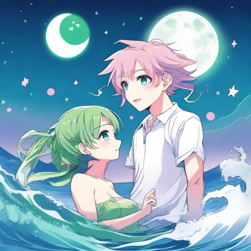 A manga couple with pink and blue hair and green and white hair are playing in the sea at nighttime