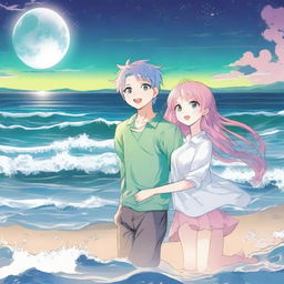 A manga couple with pink and blue hair and green and white hair are playing in the sea at nighttime