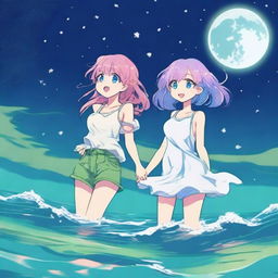 A manga couple with pink and blue hair and green and white hair are playing in the sea at nighttime