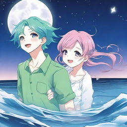 A manga couple with pink and blue hair and green and white hair are playing in the sea at nighttime