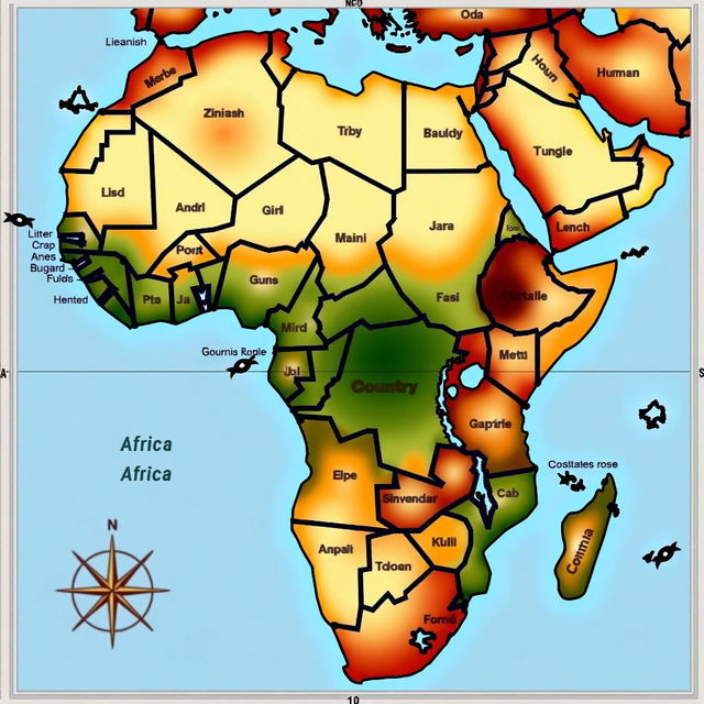 Create a detailed map of Africa with countries, major cities, geographical features, a legend, compass rose, and scale bar.