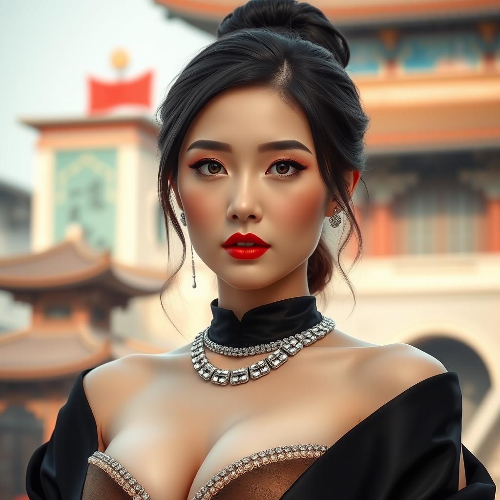 A very sexy and attractive North Korean woman with big boobs, captured in a realistic portrait