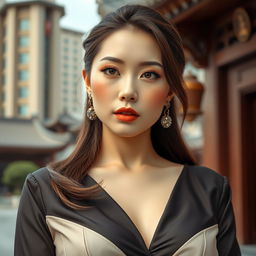 A very sexy and attractive North Korean woman with big boobs, captured in a realistic portrait