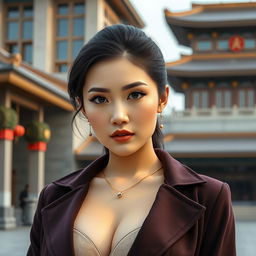 A very sexy and attractive North Korean woman with big boobs, captured in a realistic portrait