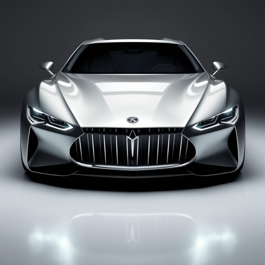 Design a unique and hyper-realistic front view of a luxury car that does not duplicate any existing car models