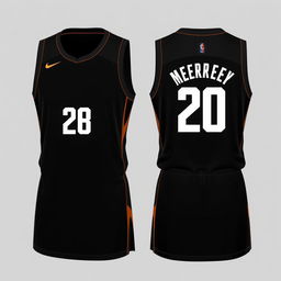 Create a design for a dark-colored basketball jersey, showing both the front and back views