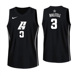 Create a design for a dark-colored basketball jersey, showing both the front and back views