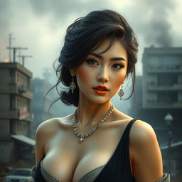 A very sexy and attractive North Korean woman with big boobs, captured in a realistic portrait