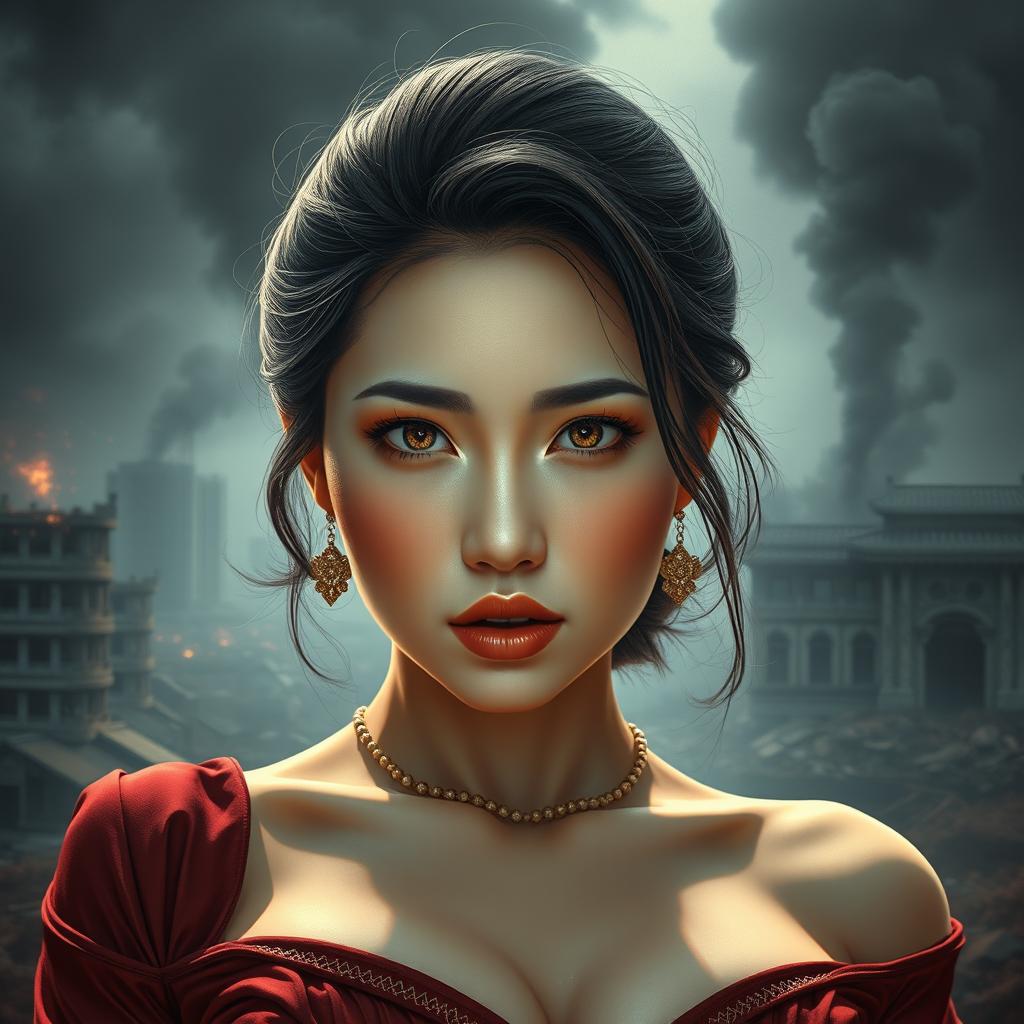 A very sexy and attractive North Korean woman with big boobs, captured in a realistic portrait