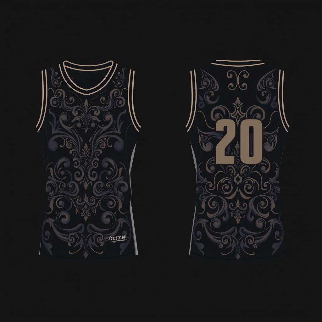 Design a dark-colored basketball jersey with patterns on both the front and back