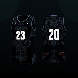 Design a dark-colored basketball jersey with patterns on both the front and back