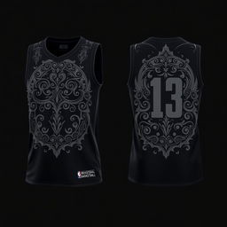 Design a dark-colored basketball jersey with patterns on both the front and back