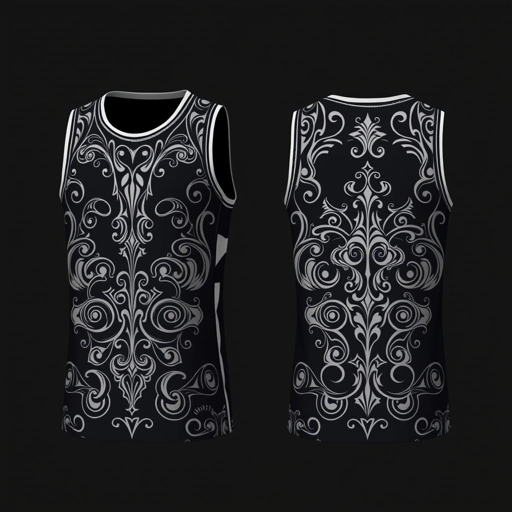 Design a dark-colored basketball jersey with patterns on both the front and back