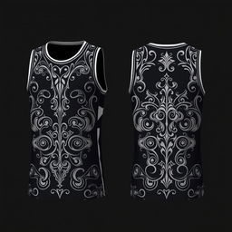 Design a dark-colored basketball jersey with patterns on both the front and back