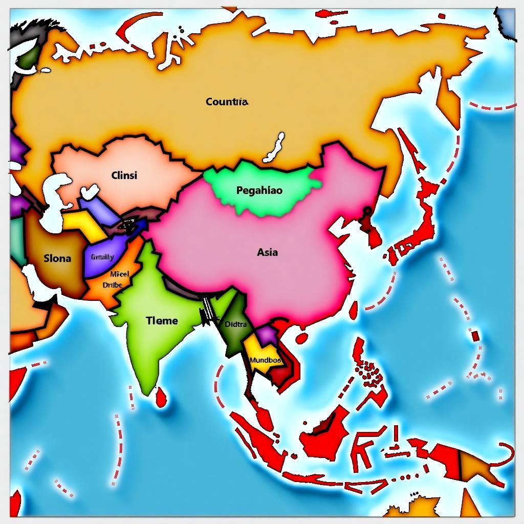 Create a detailed map of Asia with countries, major cities, geographical features, a legend, compass rose, and scale bar.