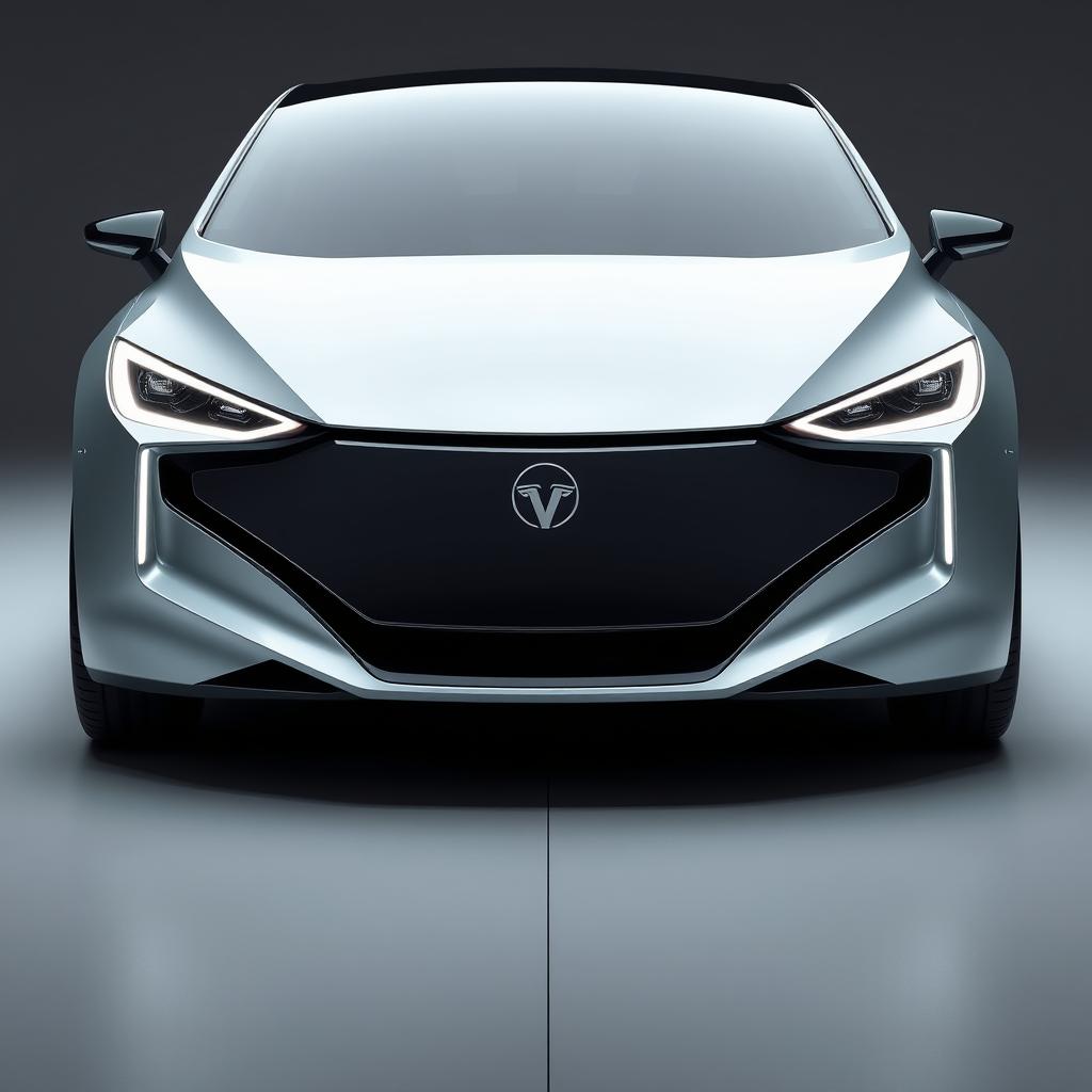 Design a unique and hyper-realistic front view of an electric vehicle (EV) that does not duplicate any existing car models