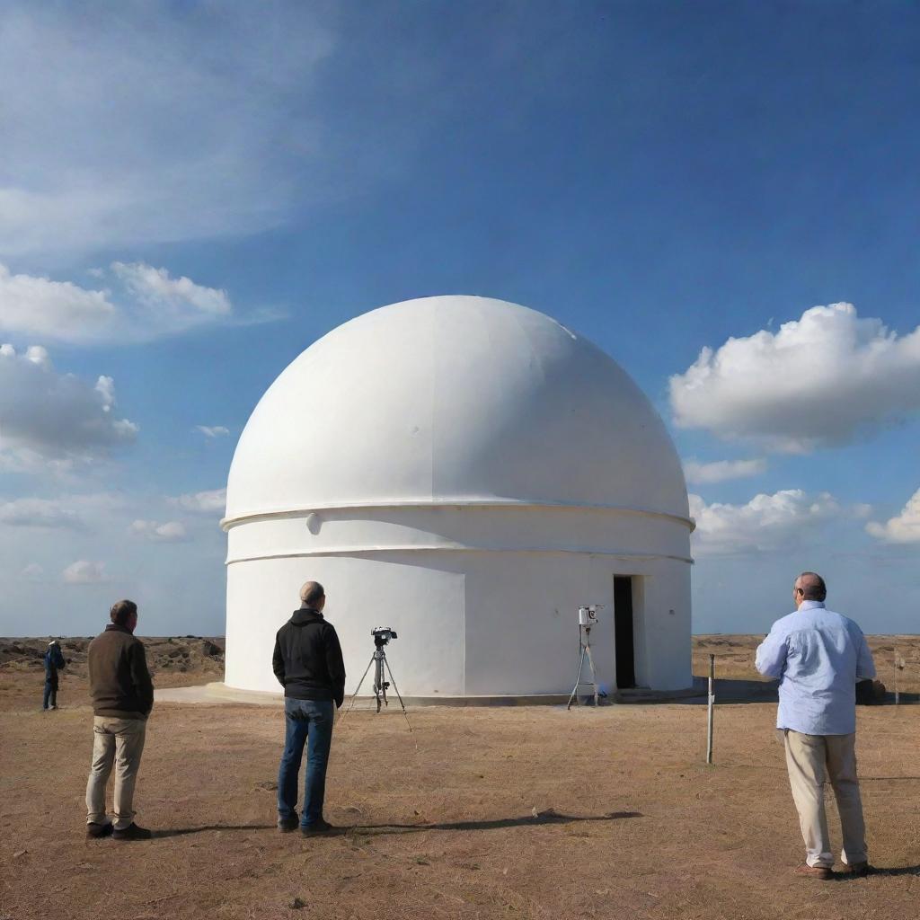 Displaying an ancient observatory with scientists observing animal behavior and celestial bodies, alongside modern meteorologists working with high-end technology, in a harmonized way to predict weather patterns.