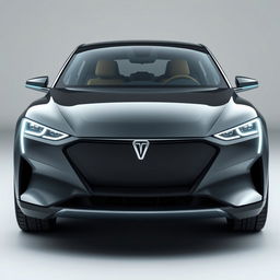 Design a unique and hyper-realistic front view of an electric vehicle (EV) that does not duplicate any existing car models