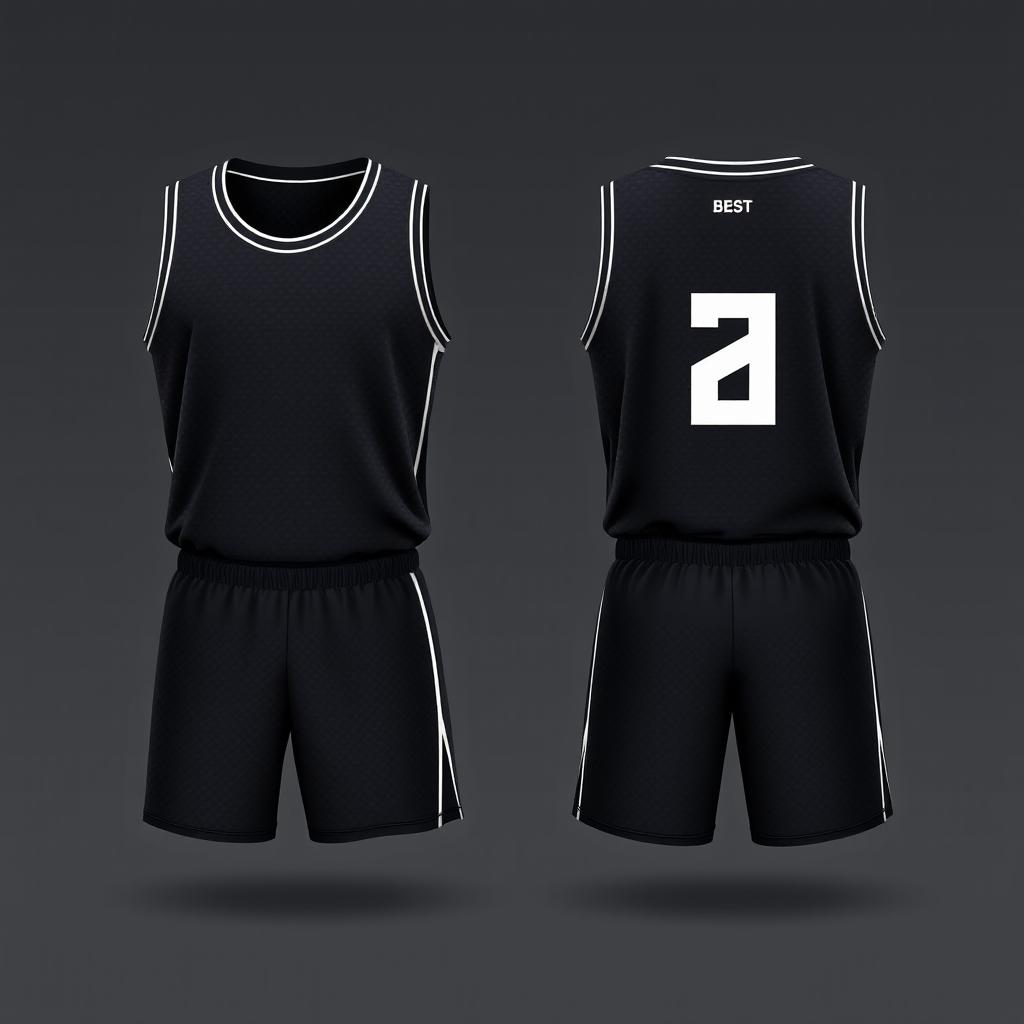 Design a dark-colored basketball jersey with a simple pattern, showcasing both the front and back views