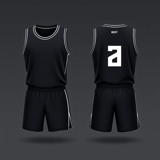 Design a dark-colored basketball jersey with a simple pattern, showcasing both the front and back views