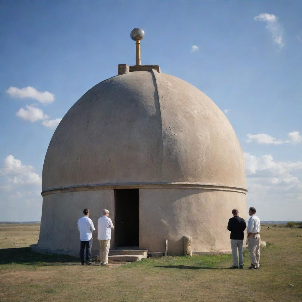 Displaying an ancient observatory with scientists observing animal behavior and celestial bodies, alongside modern meteorologists working with high-end technology, in a harmonized way to predict weather patterns.