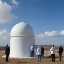 Displaying an ancient observatory with scientists observing animal behavior and celestial bodies, alongside modern meteorologists working with high-end technology, in a harmonized way to predict weather patterns.