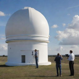 Displaying an ancient observatory with scientists observing animal behavior and celestial bodies, alongside modern meteorologists working with high-end technology, in a harmonized way to predict weather patterns.