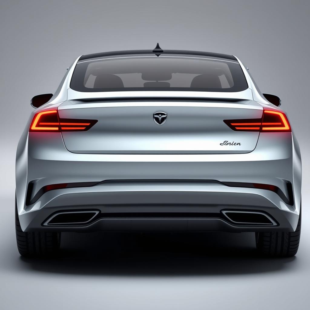 Design a unique and hyper-realistic rear view of an electric sedan that does not duplicate any existing car models