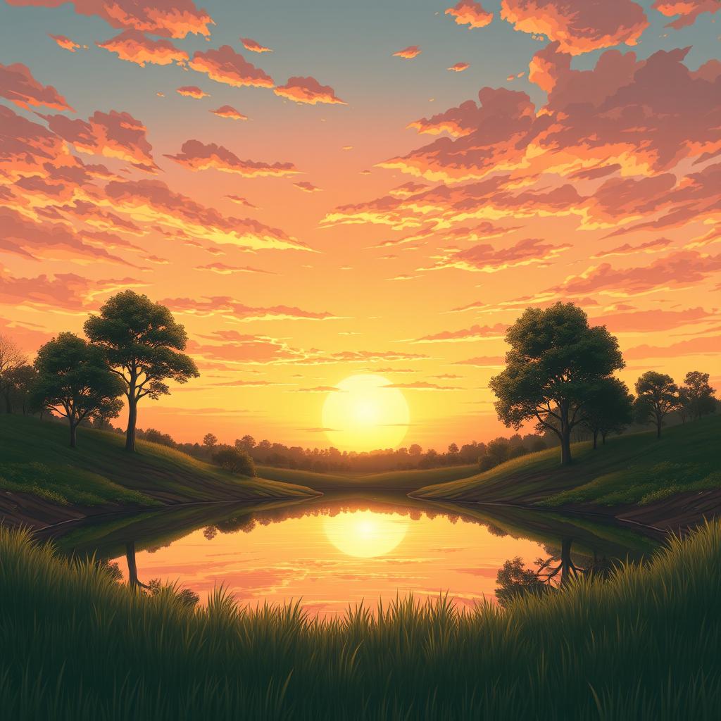 A serene manga-style lake surrounded by earth and grass, with trees on either side, during a beautiful sunset