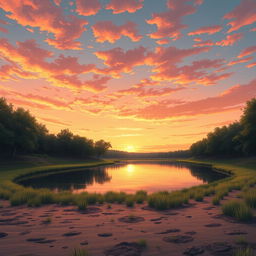 A serene manga-style lake surrounded by earth and grass, with trees on either side, during a beautiful sunset