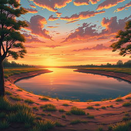 A serene manga-style lake surrounded by earth and grass, with trees on either side, during a beautiful sunset