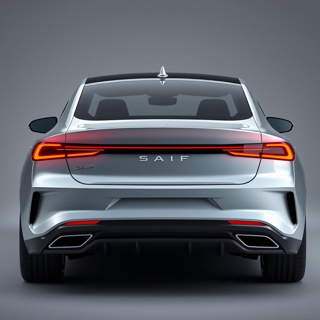 Design a unique and hyper-realistic rear view of an electric sedan that does not duplicate any existing car models