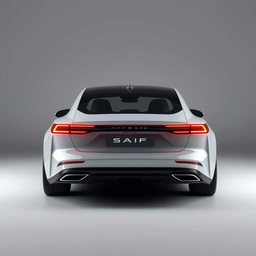 Design a unique and hyper-realistic rear view of an electric sedan that does not duplicate any existing car models