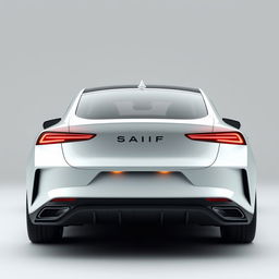 Design a unique and hyper-realistic rear view of an electric sedan that does not duplicate any existing car models