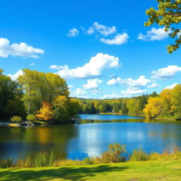 A vibrant and colorful landscape featuring a serene lake surrounded by lush green trees, with a clear blue sky and fluffy white clouds