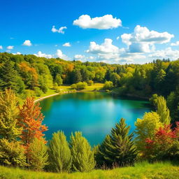 A vibrant and colorful landscape featuring a serene lake surrounded by lush green trees, with a clear blue sky and fluffy white clouds