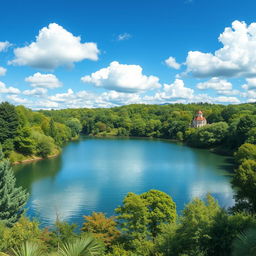 A vibrant and colorful landscape featuring a serene lake surrounded by lush green trees, with a clear blue sky and fluffy white clouds