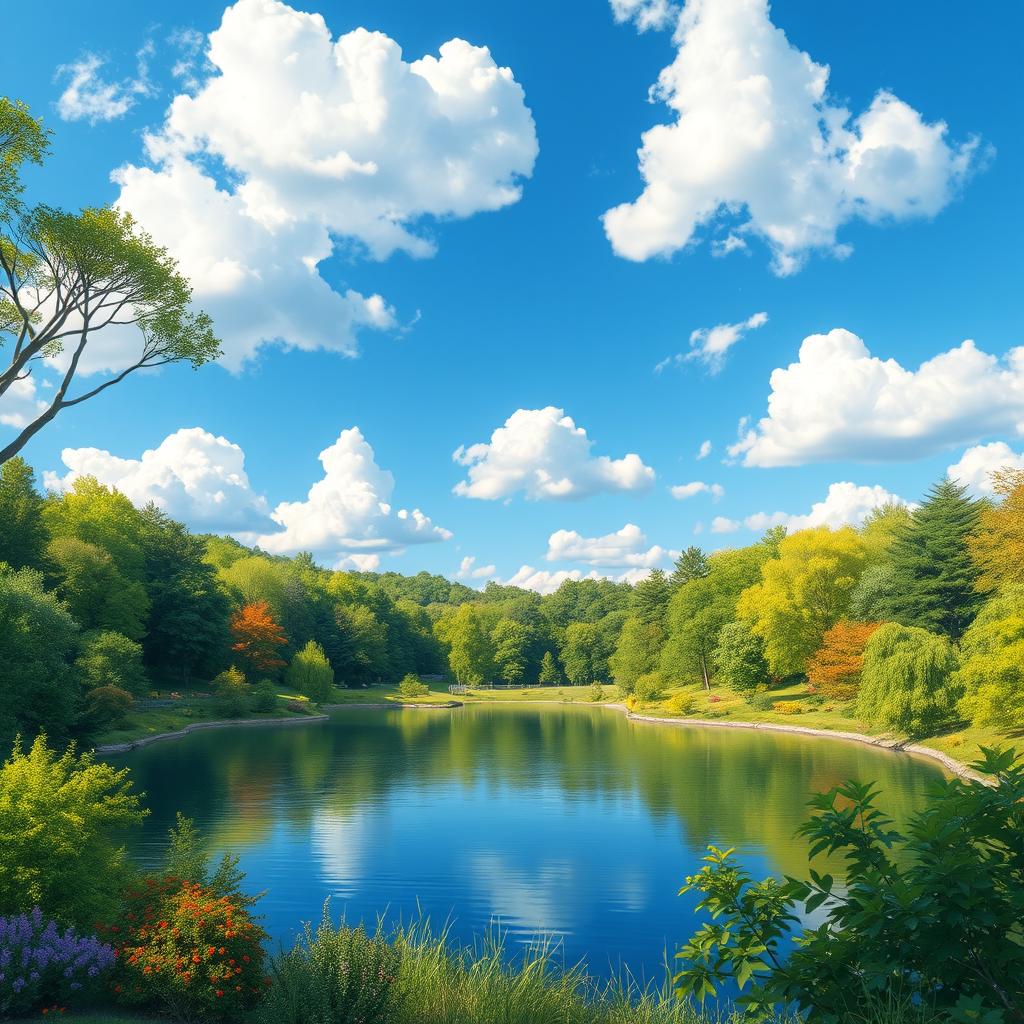 A vibrant and colorful landscape featuring a serene lake surrounded by lush green trees, with a clear blue sky and fluffy white clouds