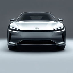 Design a unique and hyper-realistic front view of an electric sedan that does not duplicate any existing car models