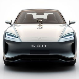 Design a unique and hyper-realistic front view of an electric sedan that does not duplicate any existing car models